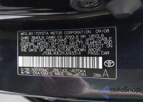 2009 Toyota Corolla Le from USA, damaged, VIN JTDBL40E29J043314